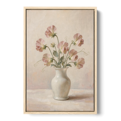 Sweet Peas in an Ivory Milk Glass Vase - Oak Framed Canvas Wall Art - Front