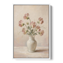 Sweet Peas in an Ivory Milk Glass Vase - White Framed Canvas Wall Art - Front