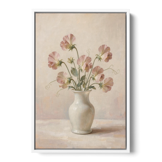 Sweet Peas in an Ivory Milk Glass Vase - White Framed Canvas Wall Art - Front