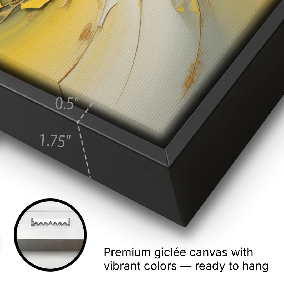 Swirling Elegance Yellow Abstract - Black Framed Canvas Wall Art - Gallery Wrap Corner