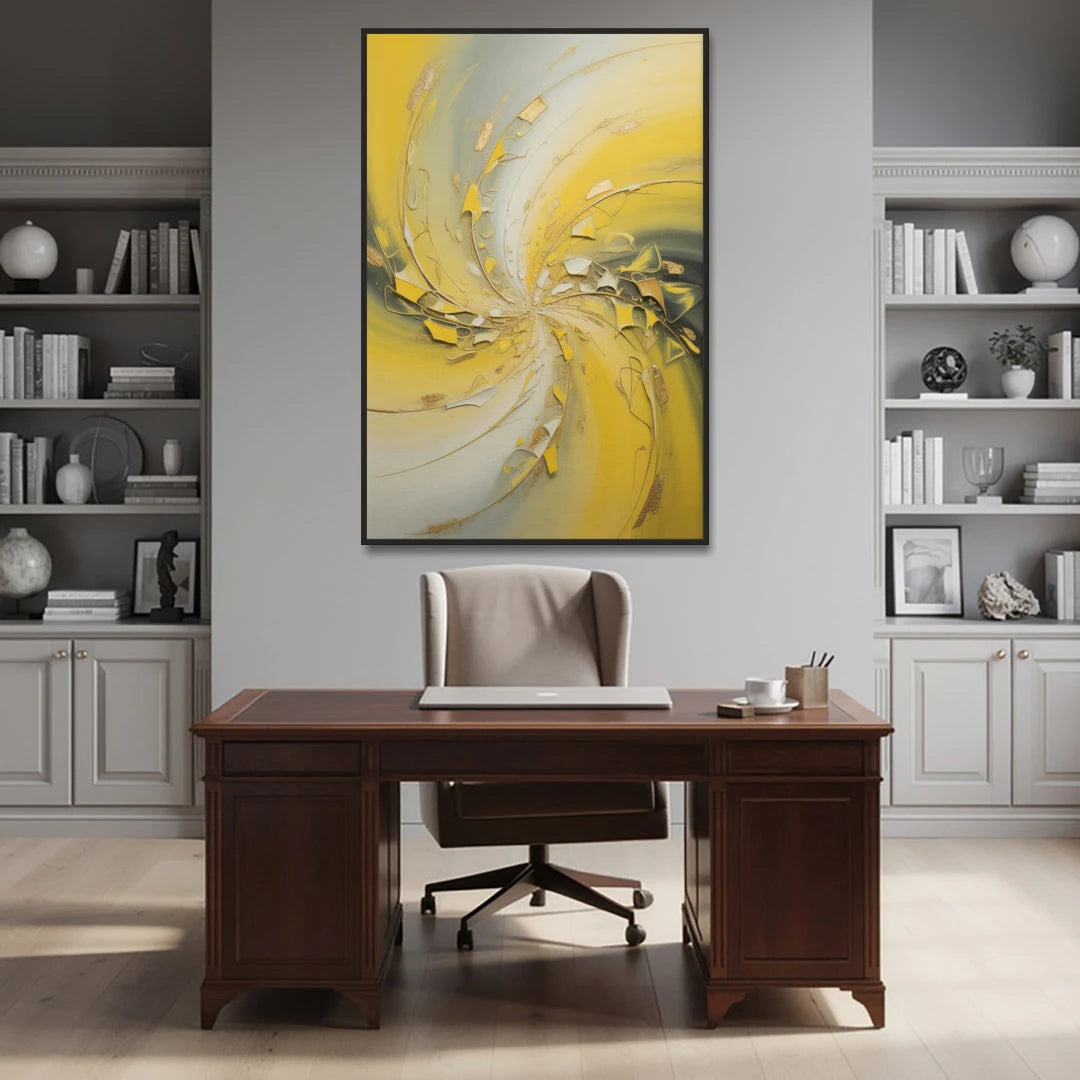 Swirling Elegance Yellow Abstract - Black Framed Canvas Wall Art - Office - 40x60