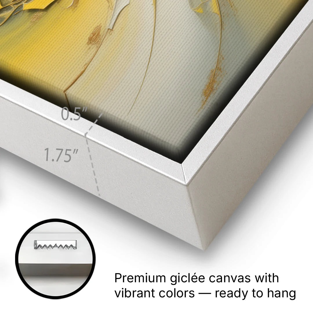 Swirling Elegance Yellow Abstract - White Framed Canvas Wall Art - Gallery Wrap Corner