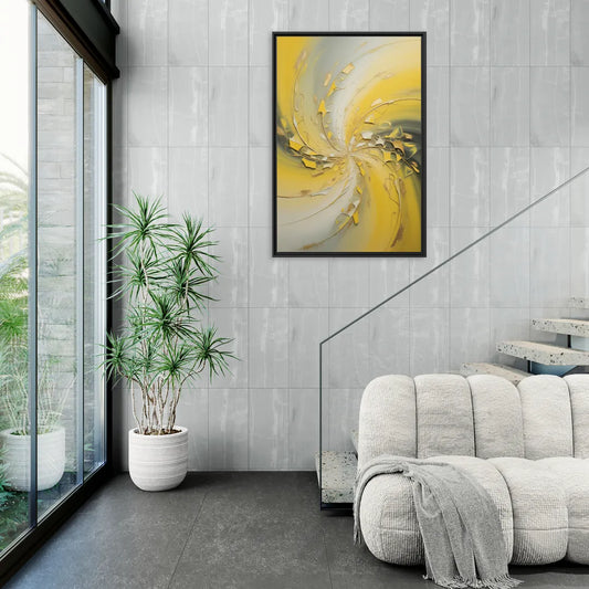 Swirling Elegance Yellow Abstract - Living Room Black Frame Canvas