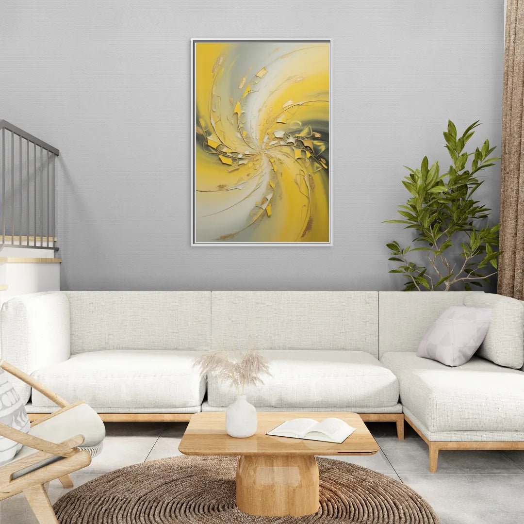 Swirling Elegance Yellow Abstract - Living Room White Frame Canvas