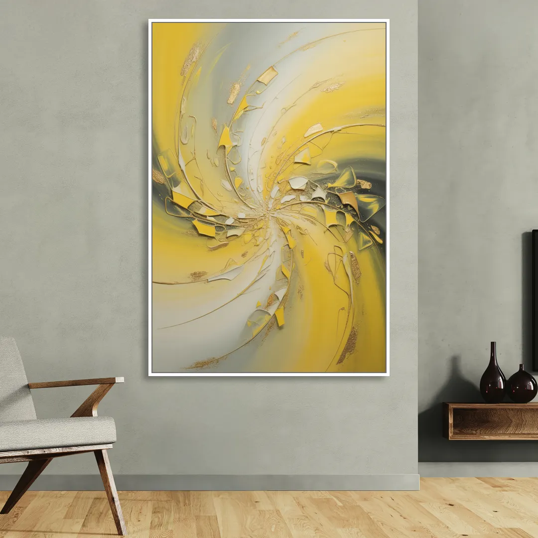 Swirling Elegance Yellow Abstract Sitting Room - White Canvas Wall Art