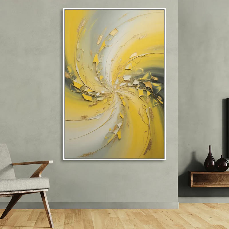 Swirling Elegance Yellow Abstract Sitting Room - White Canvas Wall Art