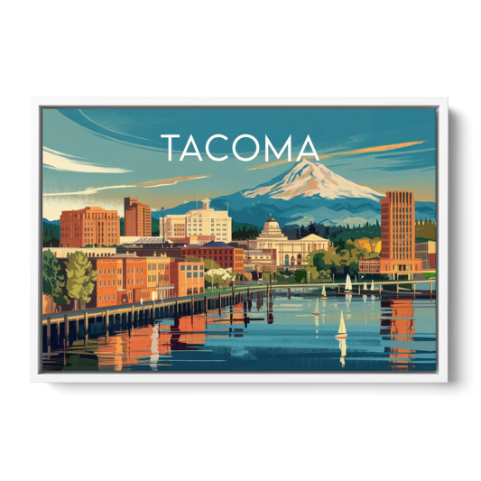 Tacoma Downtown Charm - White Framed Canvas Wall Art - Front