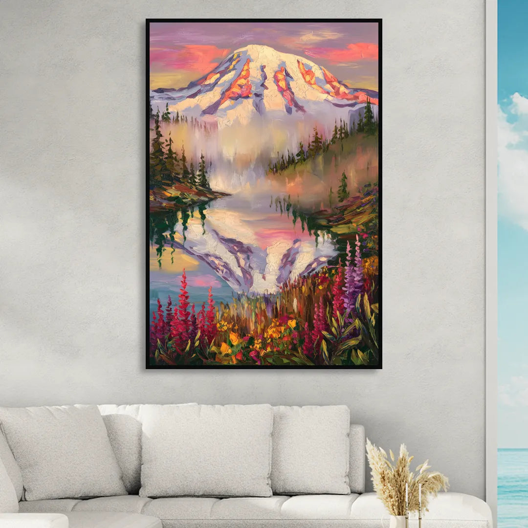 Tacoma Mount Rainier Reflection Living Room - Black Canvas Wall Art