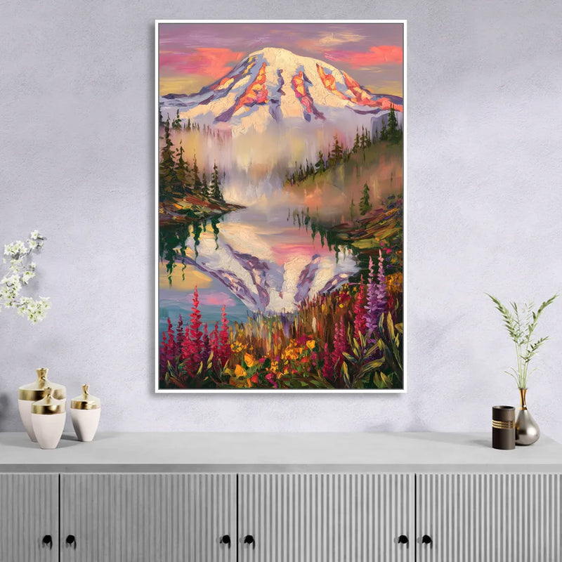 Tacoma Mount Rainier Reflection Sitting Room - White Canvas Wall Art