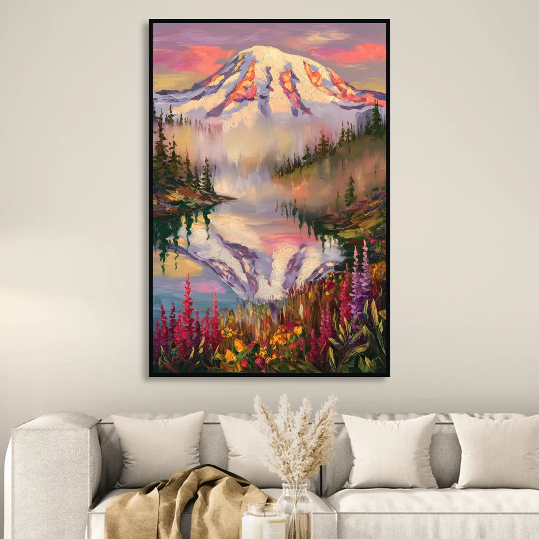 Tacoma Mount Rainier Reflection Sitting Room - Black Canvas Wall Art