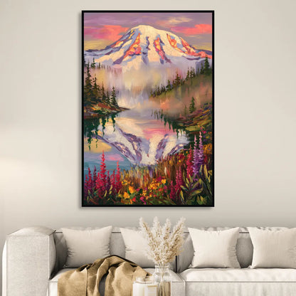 Tacoma Mount Rainier Reflection Sitting Room - Black Canvas Wall Art