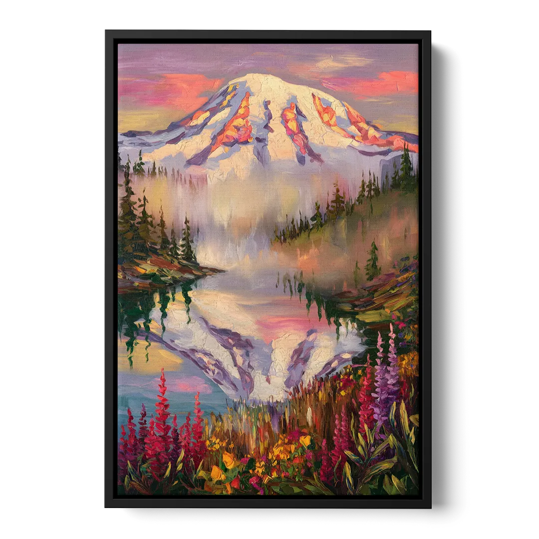 Tacoma Mount Rainier Reflection Front - Black Canvas Wall Art