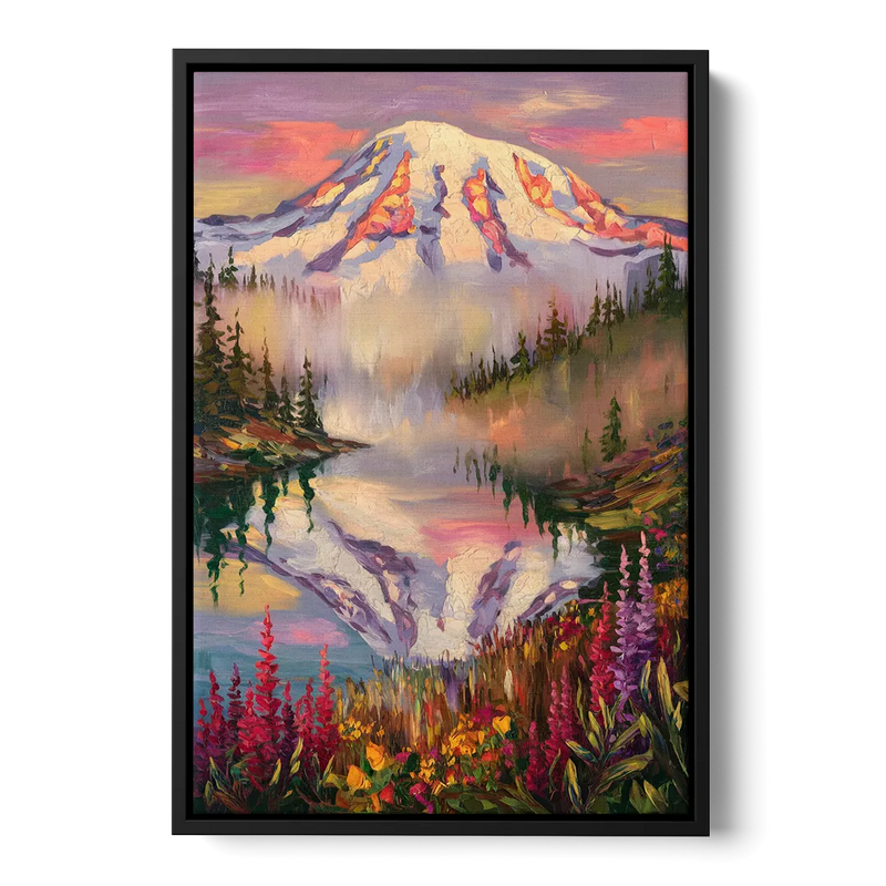 Tacoma Mount Rainier Reflection Front - Black Canvas Wall Art
