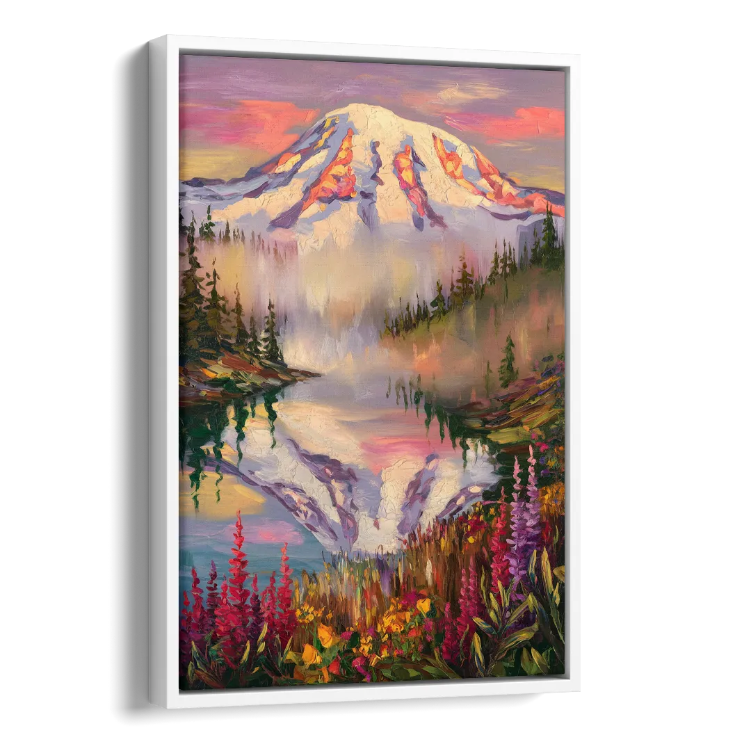 Tacoma Mount Rainier Reflection Side - White Canvas Wall Art