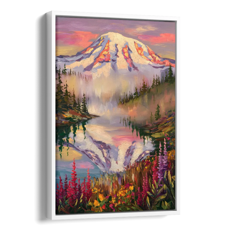 Tacoma Mount Rainier Reflection Side - White Canvas Wall Art