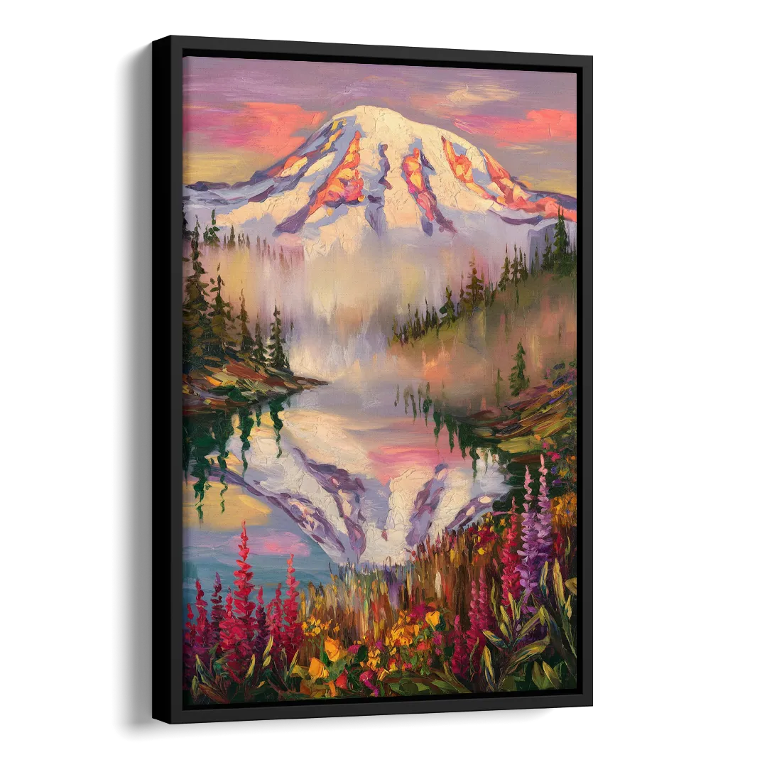 Tacoma Mount Rainier Reflection Side - Black Canvas Wall Art
