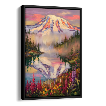 Tacoma Mount Rainier Reflection Side - Black Canvas Wall Art