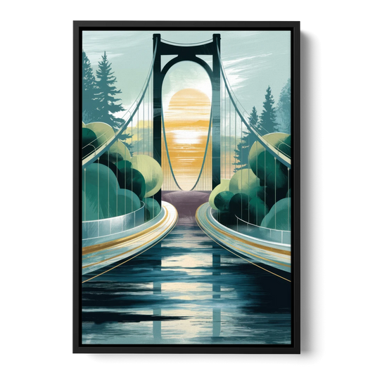 Tacoma Narrows Bridge Scene - Black Framed Canvas Wall Art - Front