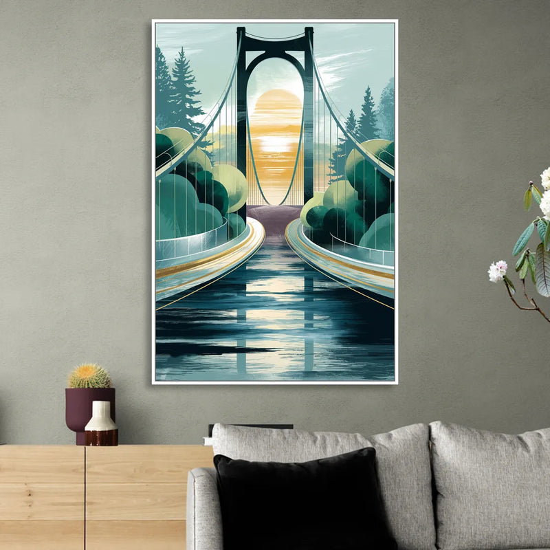 Tacoma Narrows Bridge Scene Sitting Room - White Canvas Wall Art