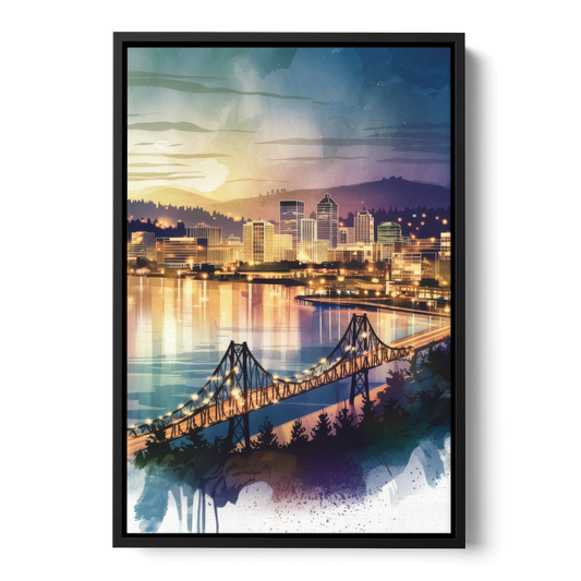 Tacoma Skyline View - Black Framed Canvas Wall Art - Front