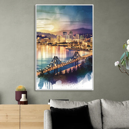 Tacoma Skyline View Living Room - White Canvas Wall Art