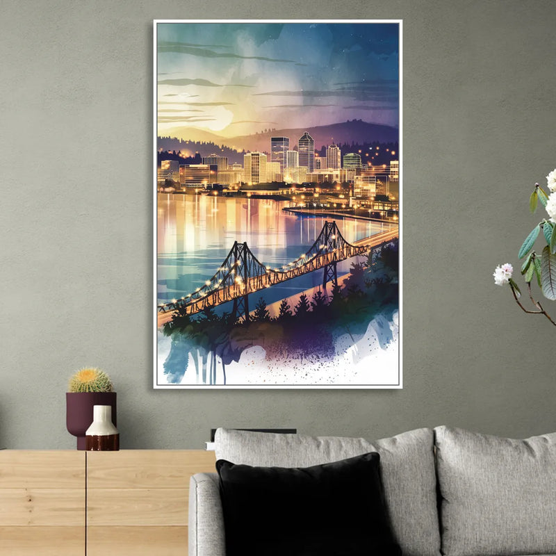 Tacoma Skyline View Living Room - White Canvas Wall Art