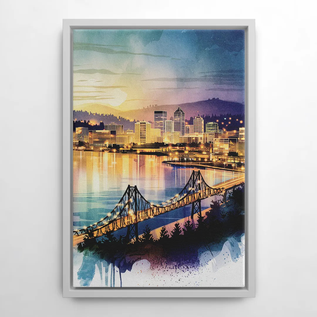 Tacoma Skyline View - White Frame Canvas
