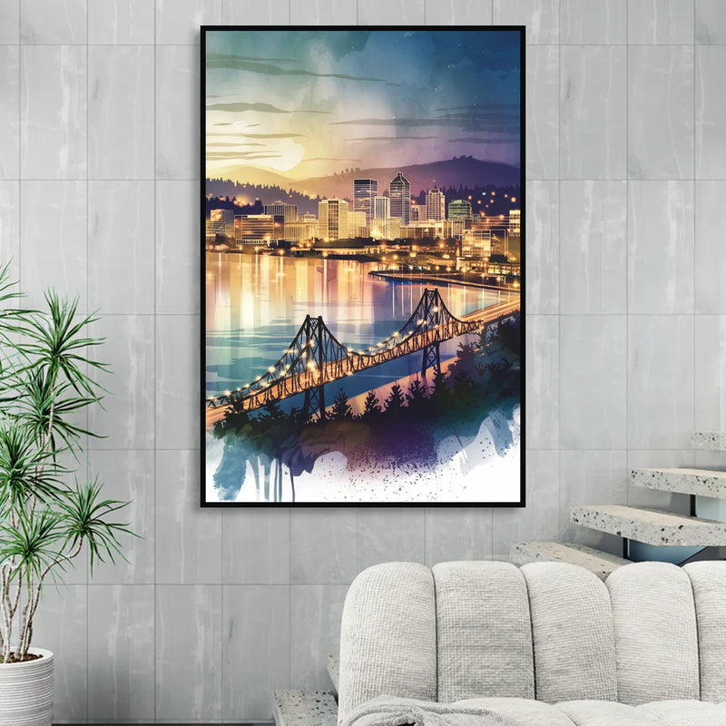 Tacoma Skyline View Sitting Room - Black Canvas Wall Art