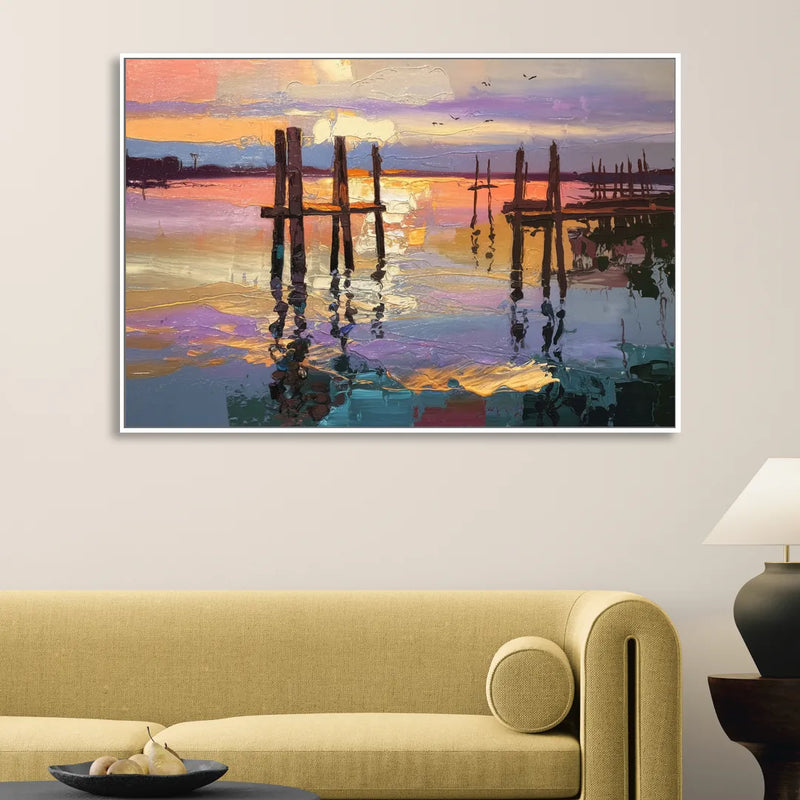 Tacoma Waterfront Sunset Sitting Room - White Canvas Wall Art