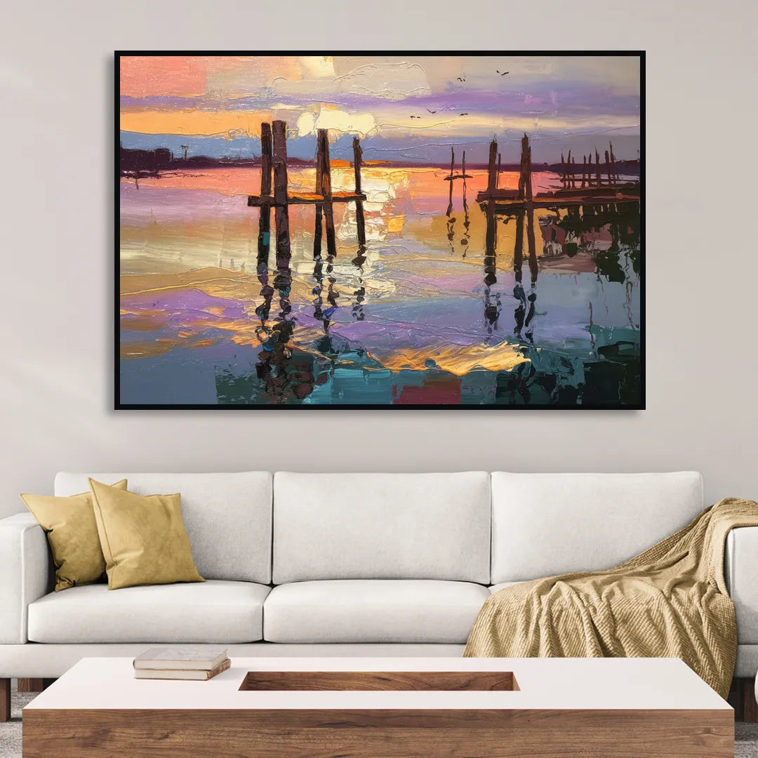 Tacoma Waterfront Sunset Living Room - Black Canvas Wall Art