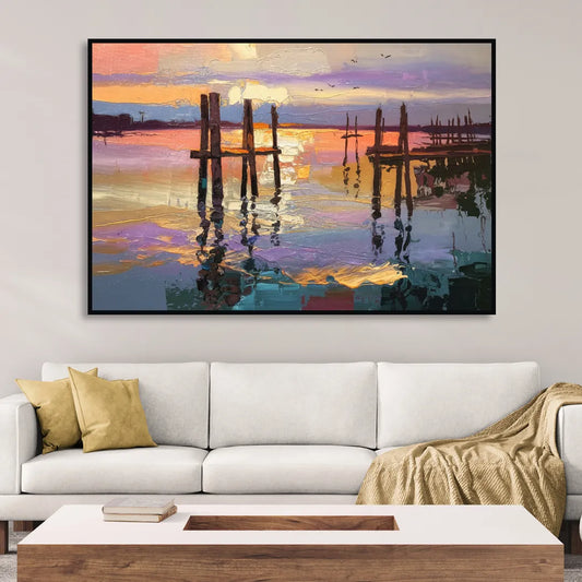 Tacoma Waterfront Sunset Living Room - Black Canvas Wall Art