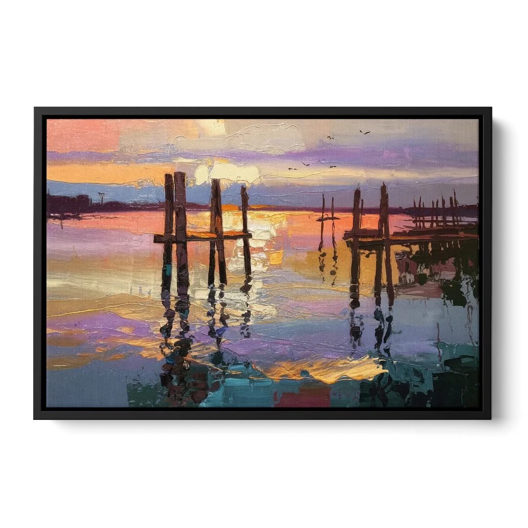 Tacoma Waterfront Sunset Front - Black Canvas Wall Art