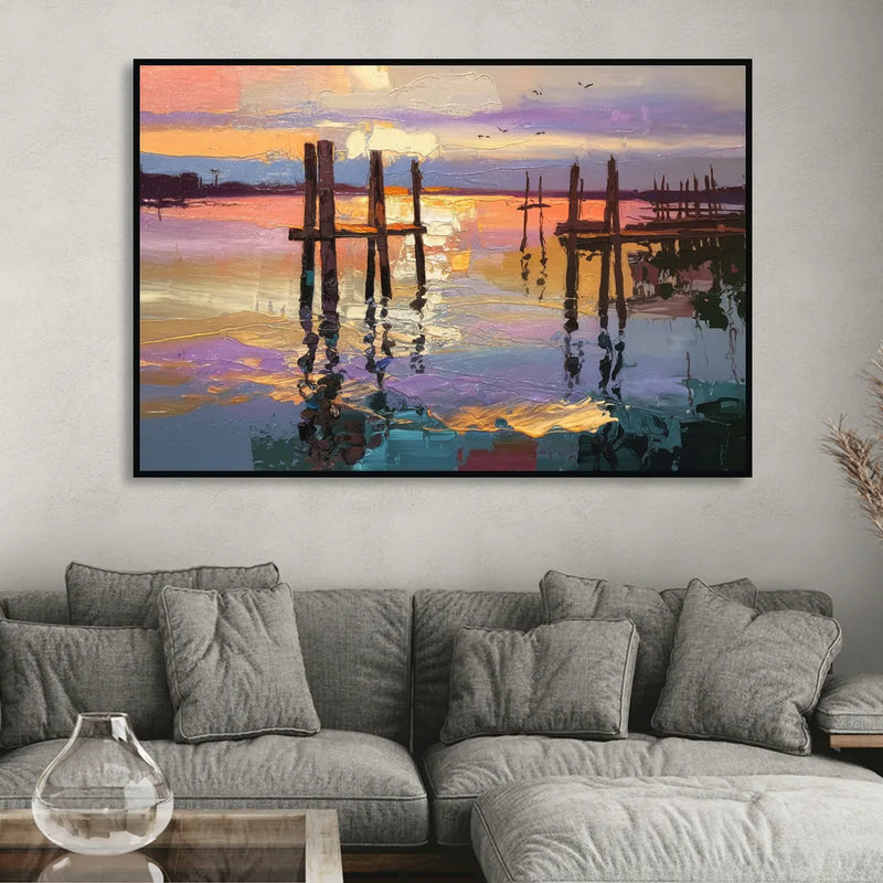 Tacoma Waterfront Sunset Sitting Room - Black Canvas Wall Art