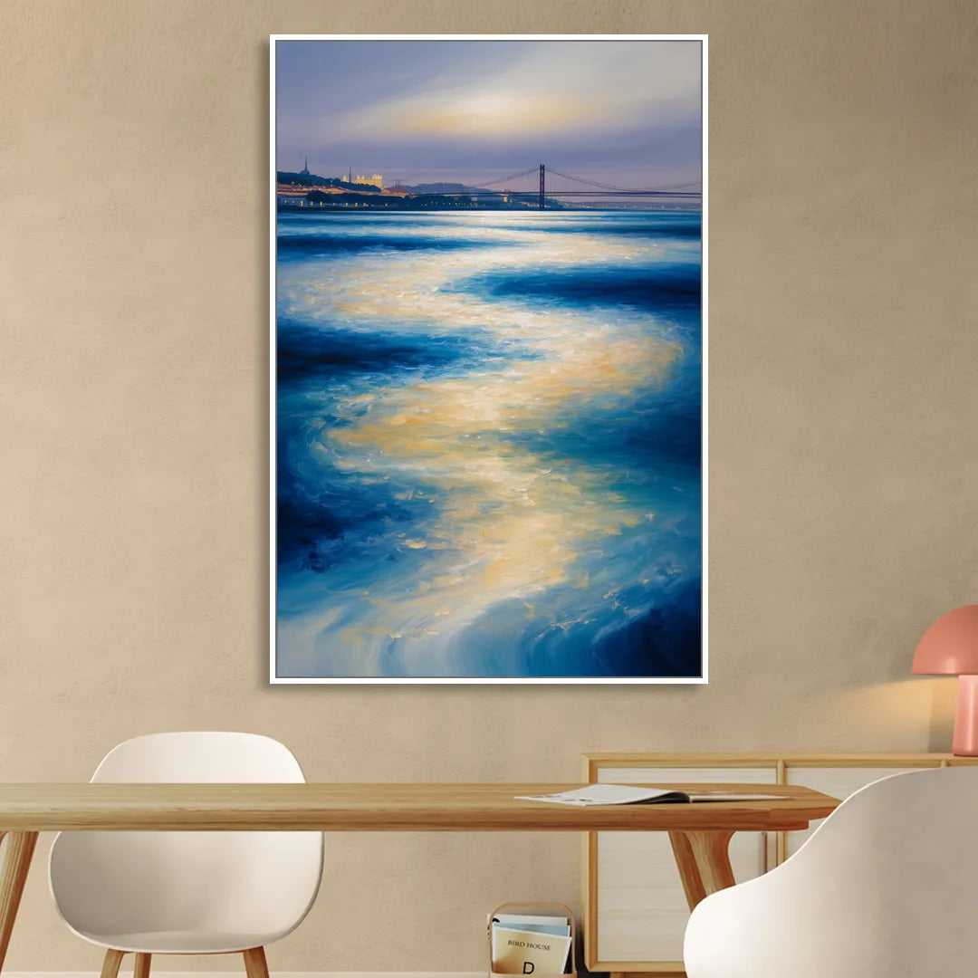 Tagus River Glow Living Room - White Canvas Wall Art