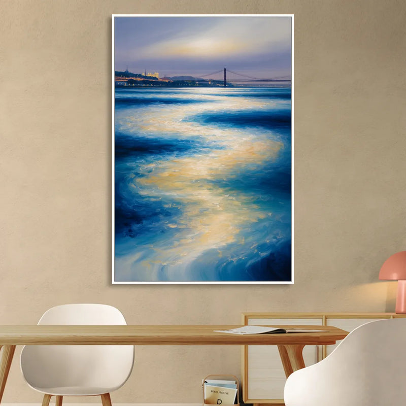 Tagus River Glow Living Room - White Canvas Wall Art