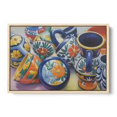 Talavera Pottery Colors - Oak Framed Canvas Wall Art - Front