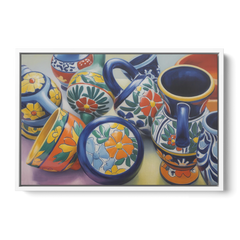 Talavera Pottery Colors - White Framed Canvas Wall Art - Front