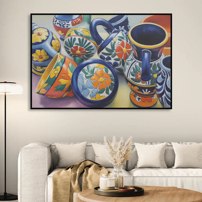 Talavera Pottery Colors Living Room - Black Canvas Wall Art