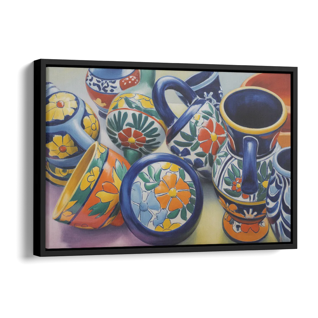 Talavera Pottery Colors Side - Black Canvas Wall Art