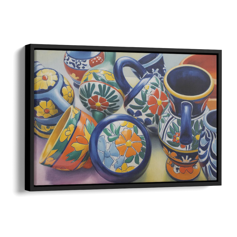 Talavera Pottery Colors Side - Black Canvas Wall Art