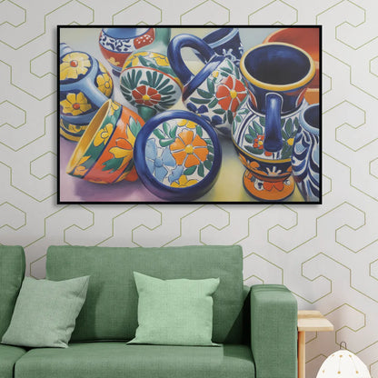 Talavera Pottery Colors Sitting Room - Black Canvas Wall Art