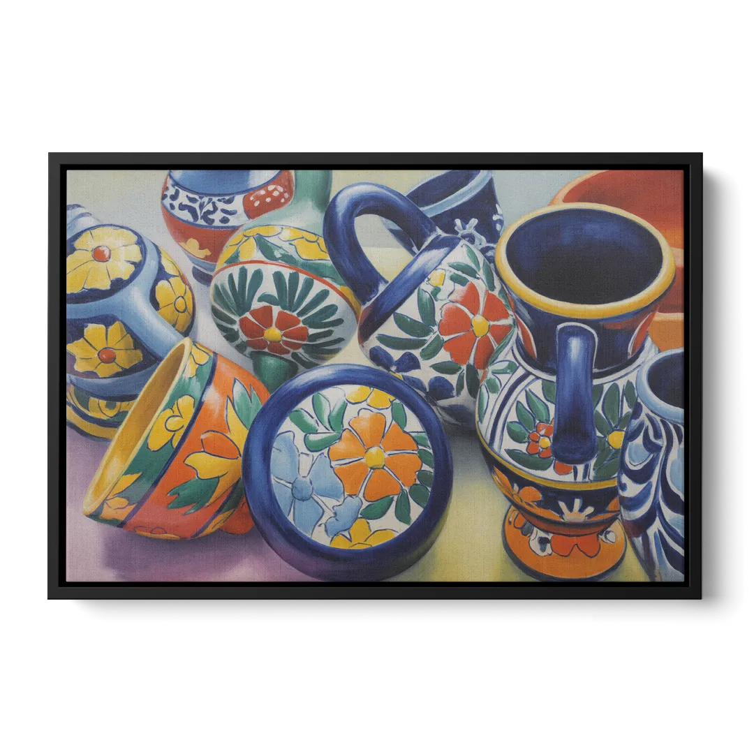 Talavera Pottery Colors Front - Black Canvas Wall Art