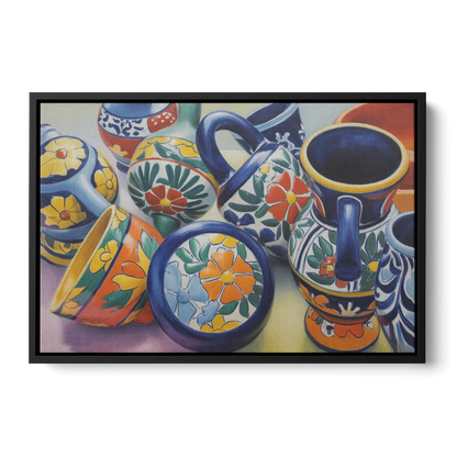 Talavera Pottery Colors Front - Black Canvas Wall Art
