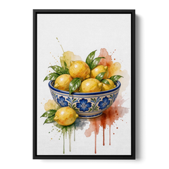 Talavera Prints Lemon Bowl with Cobalt Flowers - Black Framed Canvas Wall Art - Front