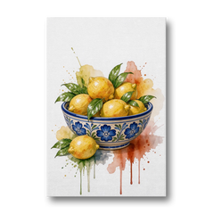 Talavera Prints Lemon Bowl with Cobalt Flowers - Canvas Wall Art - Front