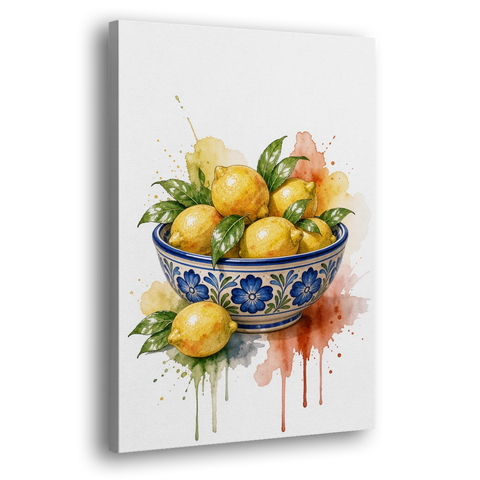 Talavera Prints Lemon Bowl with Cobalt Flowers - Canvas Wall Art - Side