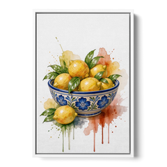 Talavera Prints Lemon Bowl with Cobalt Flowers - White Framed Canvas Wall Art - Front