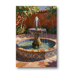 Talavera Tile Fountain in a Sunlit Courtyard - Canvas Wall Art - Front