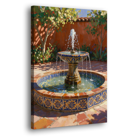 Talavera Tile Fountain in a Sunlit Courtyard - Canvas Wall Art - Side