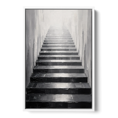 Tall Narrow Wall Art of Stairs Into White Light - White Framed Canvas Wall Art - Front